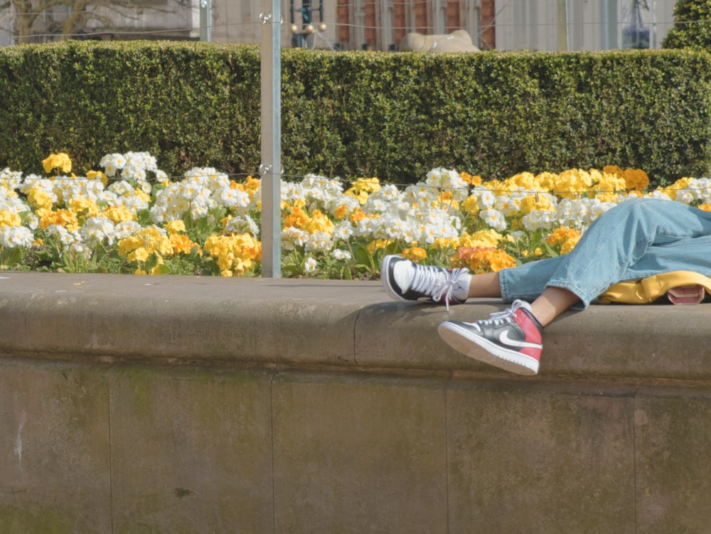 a person laying on a wall with a bunch of flowers in the background