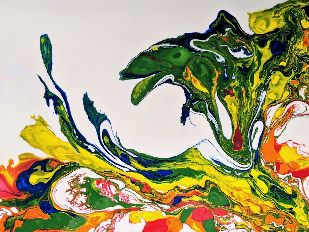 an abstract painting of green, yellow, red, and blue