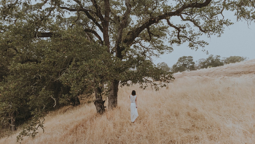 a woman standing in a field next to a tree