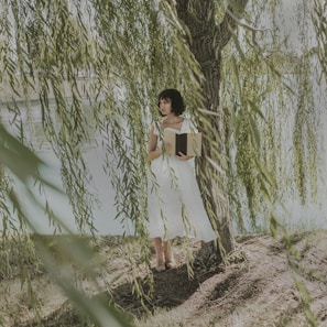 An artistic depiction of Baxter reading a book under a tree.