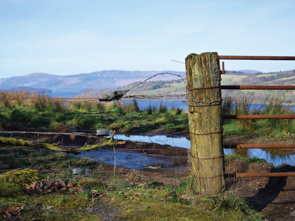 a wooden fence in a grassy field next to a body of water