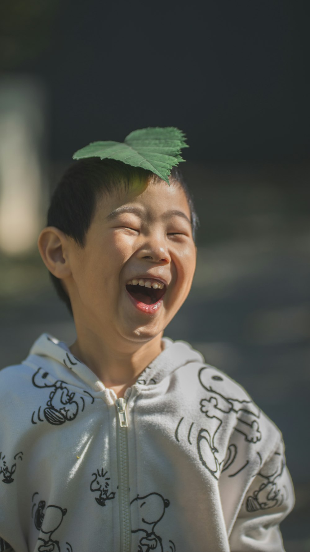 a young boy with a green leaf on his head