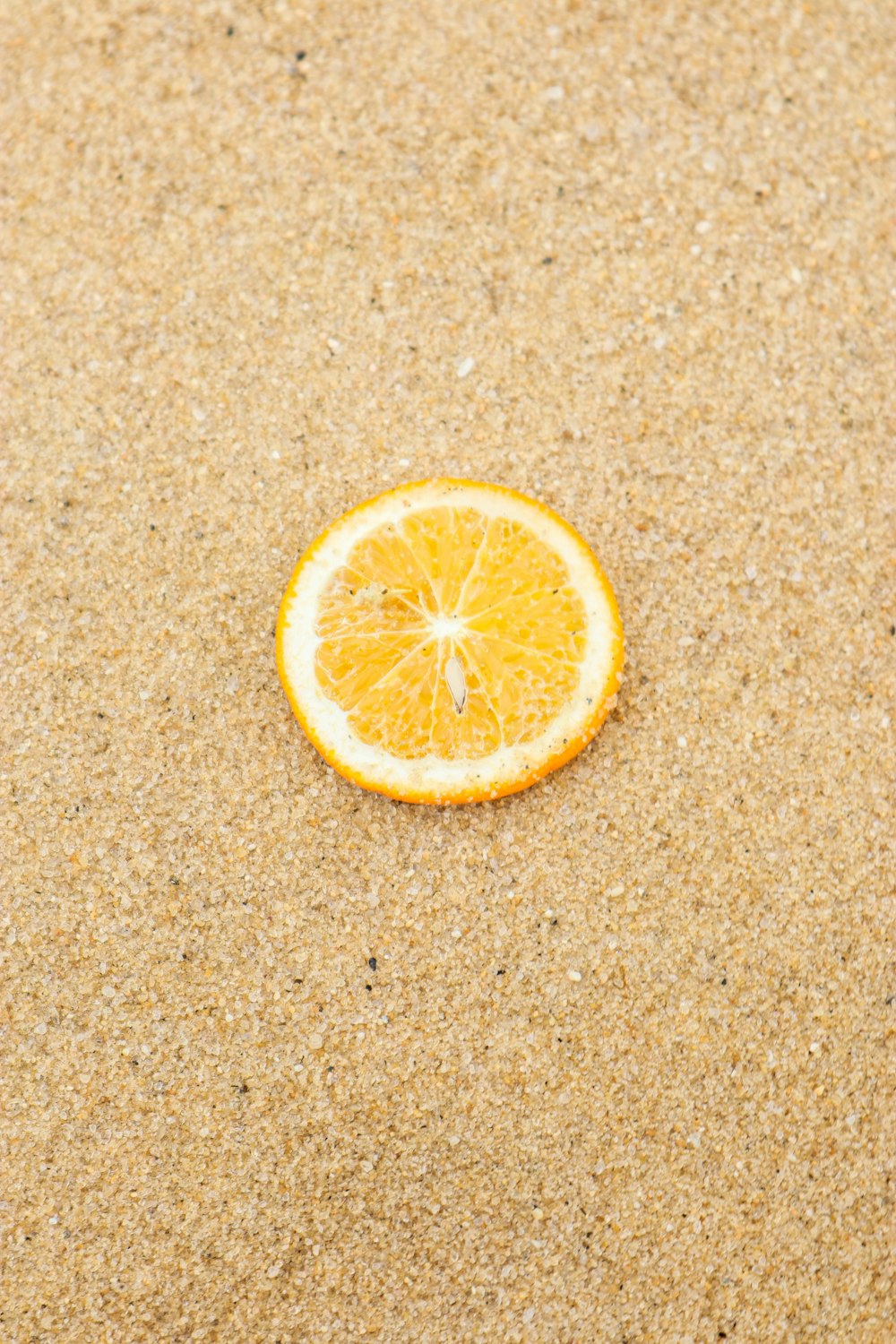 an orange is laying in the sand on the beach