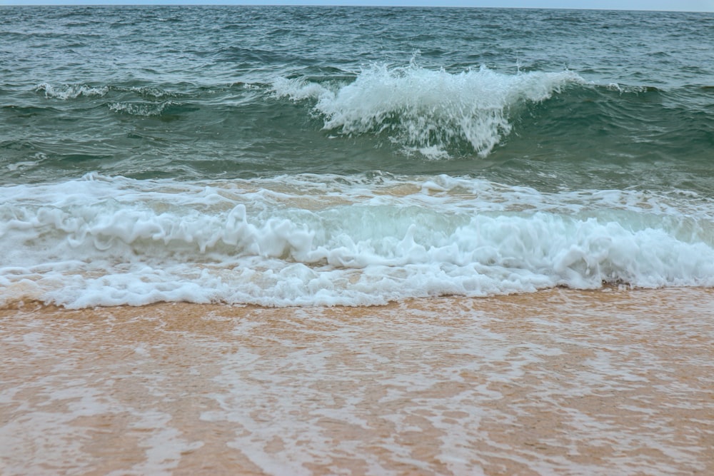 a wave rolls in to the shore of a beach