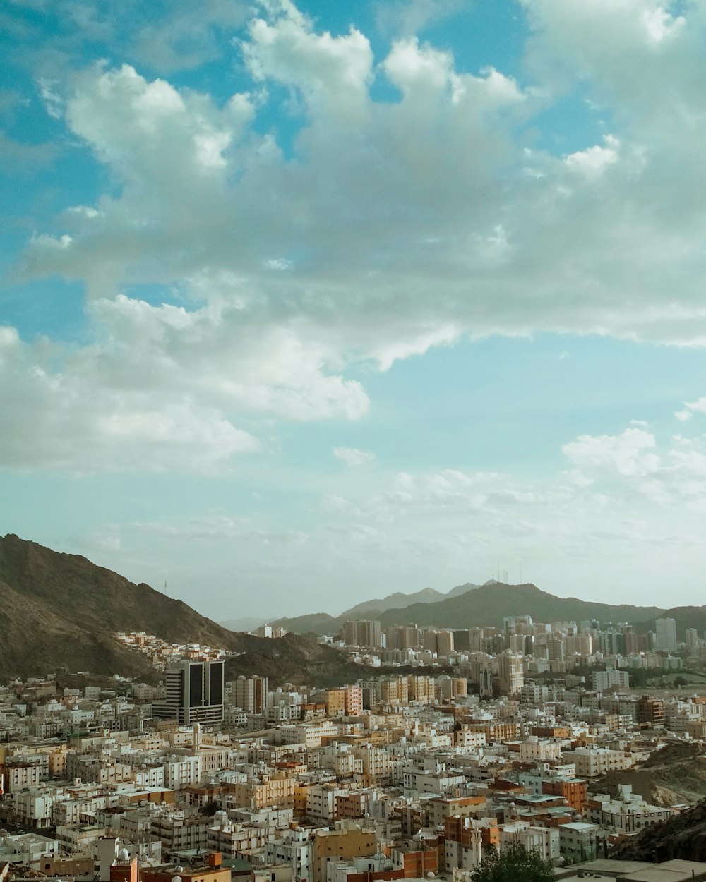 a view of a city with mountains in the background