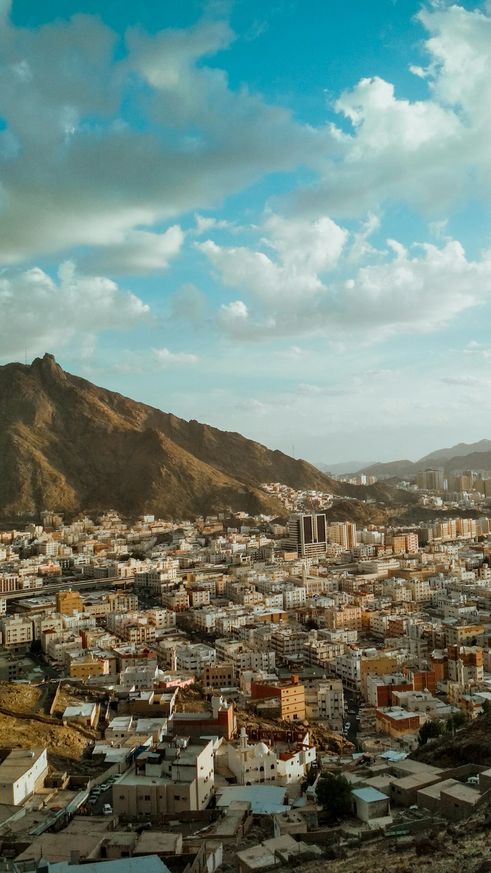 a view of a city with mountains in the background