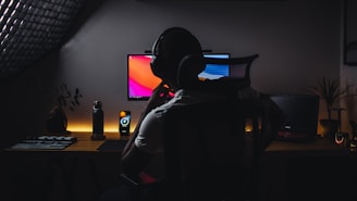 a person wearing headphones sitting in front of a computer
