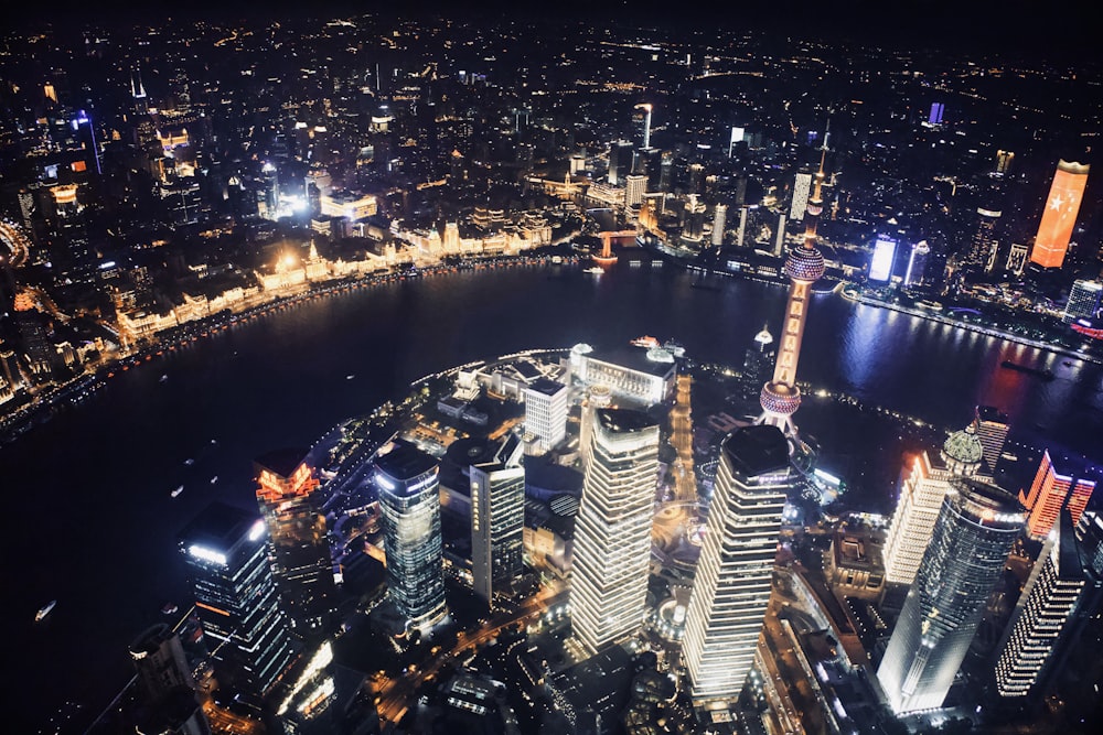 an aerial view of a city at night