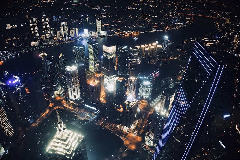 an aerial view of a city at night