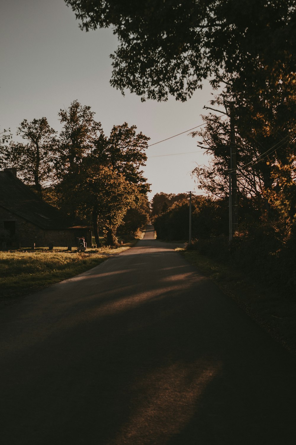 the sun is shining down on the road