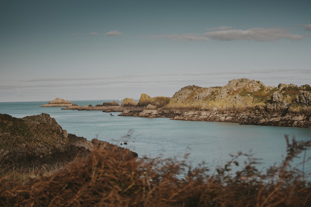 a body of water surrounded by rocks and grass