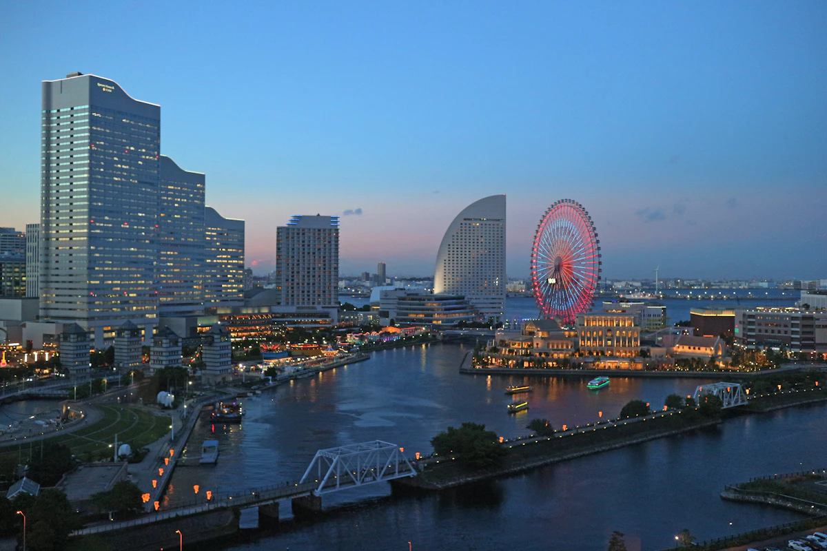 Yokohama waterfront and harbour in Japan seen at dusk