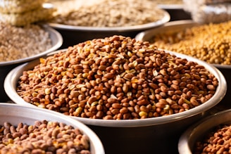 Close-up of fresh legumes and cereals ready for packaging.