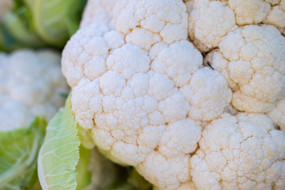 a close up of a cauliflower plant with leaves