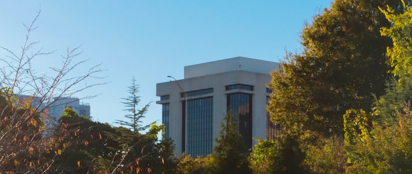 a view of a building in the distance with trees in the foreground