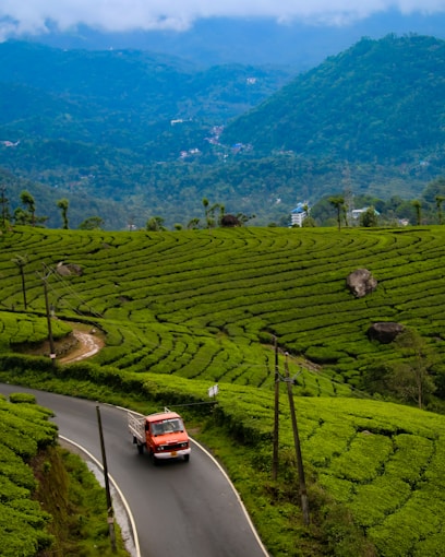 a red truck driving down a winding road