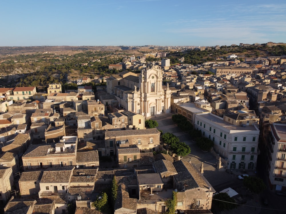 an aerial view of a city with old buildings