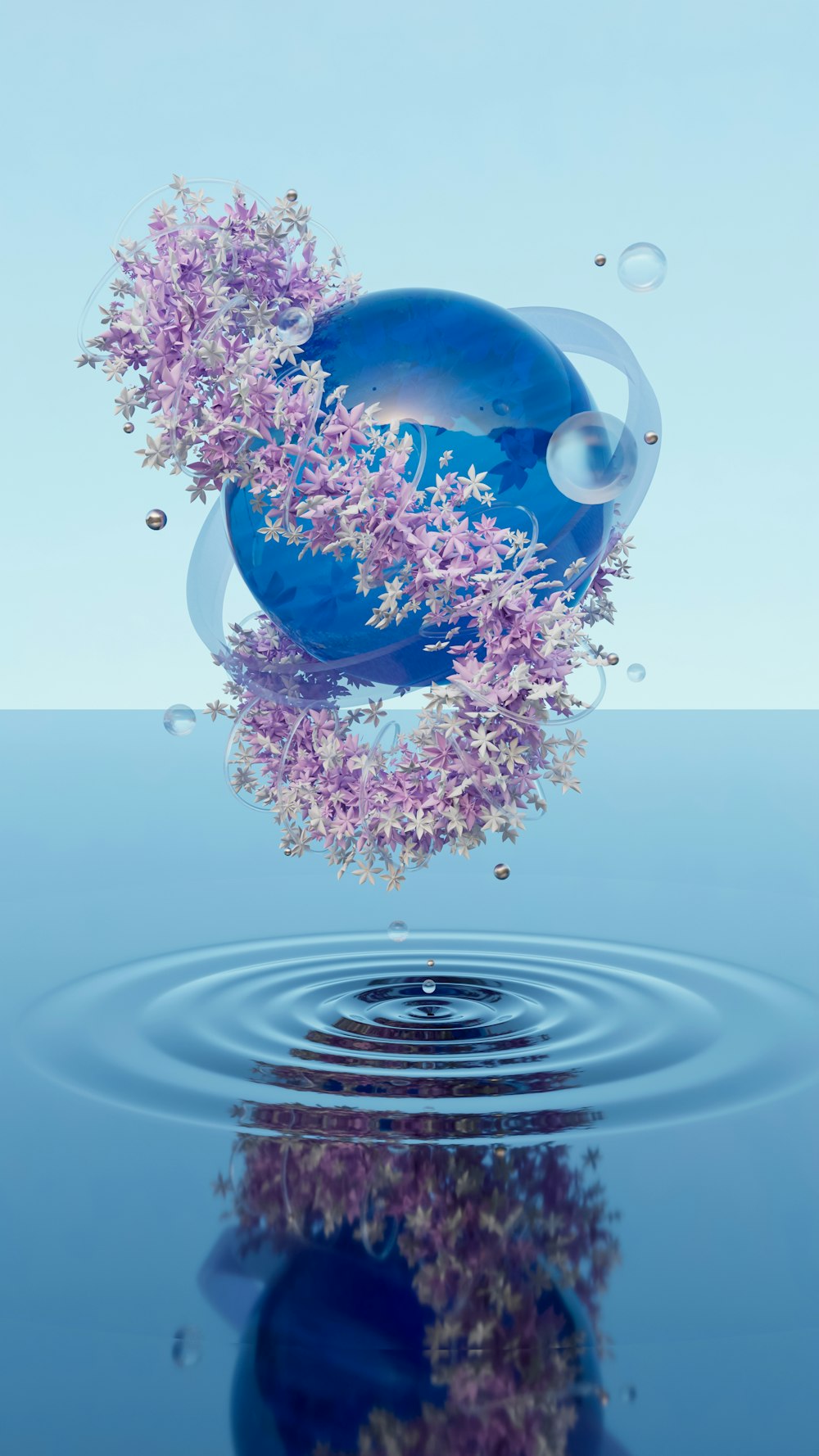 a blue vase with purple flowers floating in water