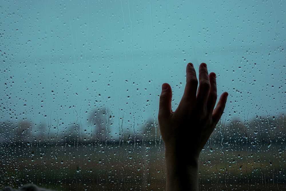 a mão de uma pessoa estendendo-se para fora de uma janela na chuva