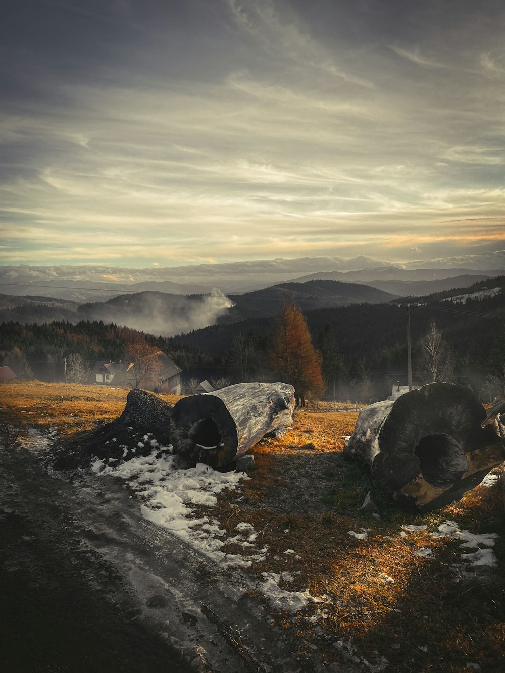 a group of logs sitting on top of a grass covered field