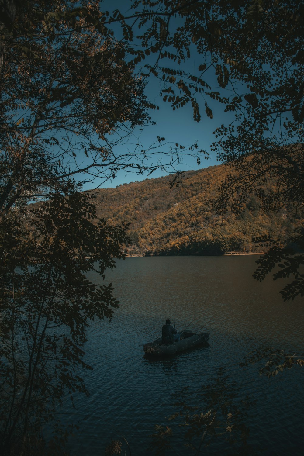 a person in a small boat on a lake