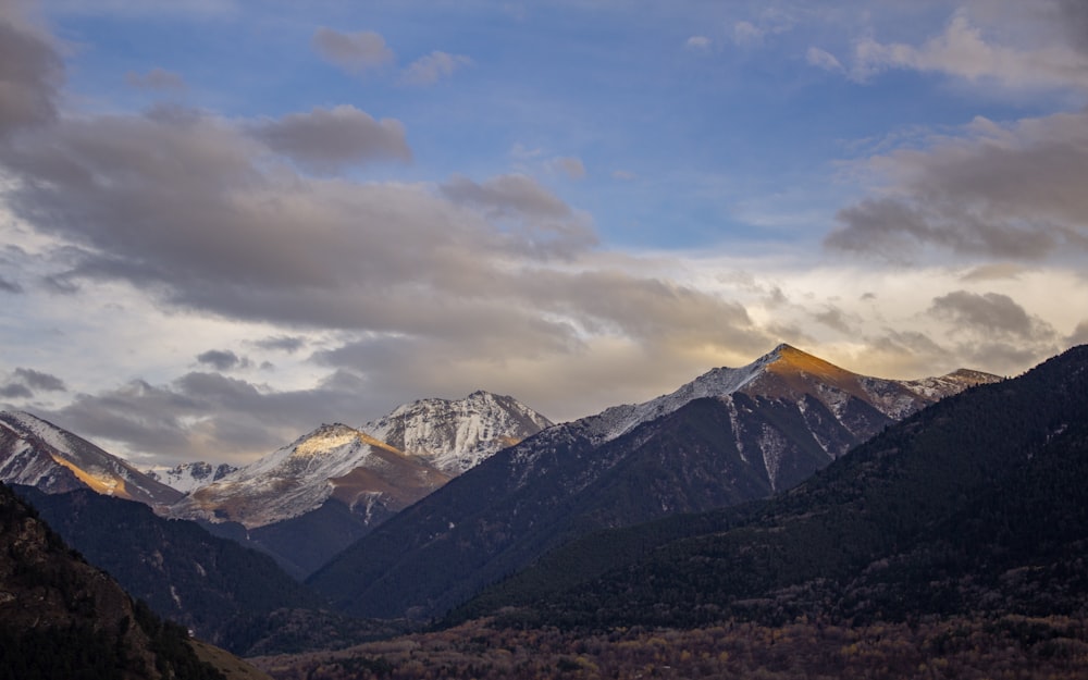 a mountain range with snow capped mountains in the background