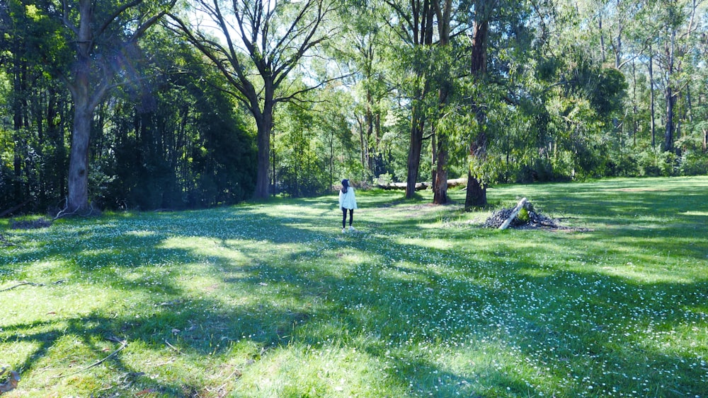 a person standing in the middle of a lush green field