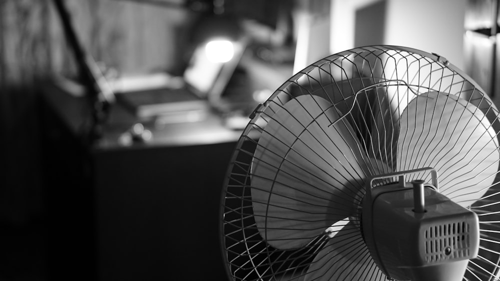 a black and white photo of a fan