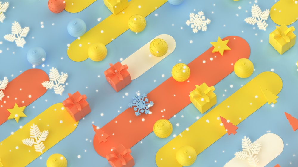 a blue and yellow background with snowflakes and stars