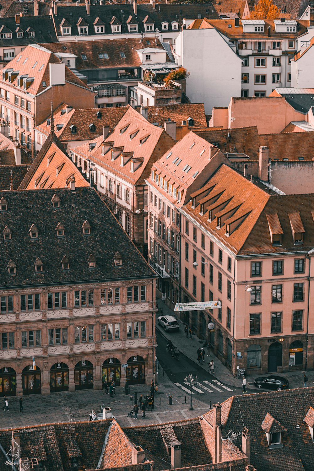 an aerial view of a city with many buildings