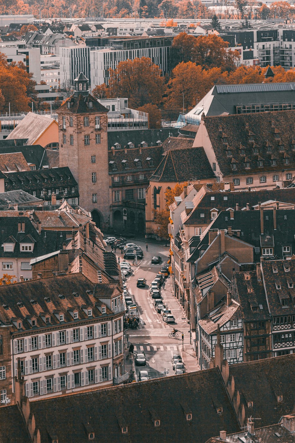 an aerial view of a city with tall buildings