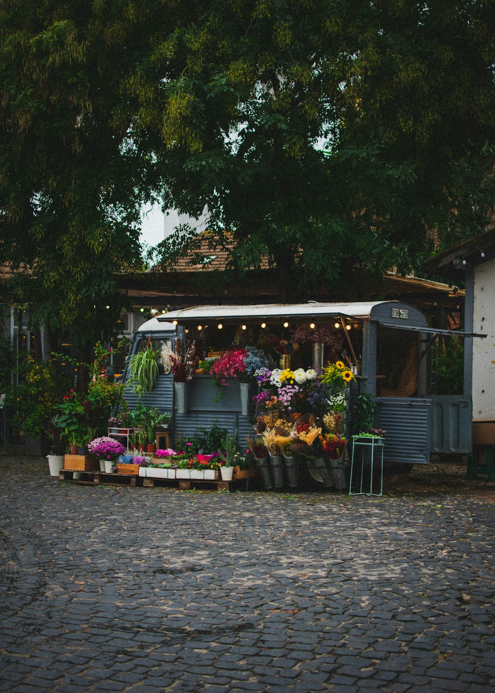 a street vendor selling flowers on a cobblestone street