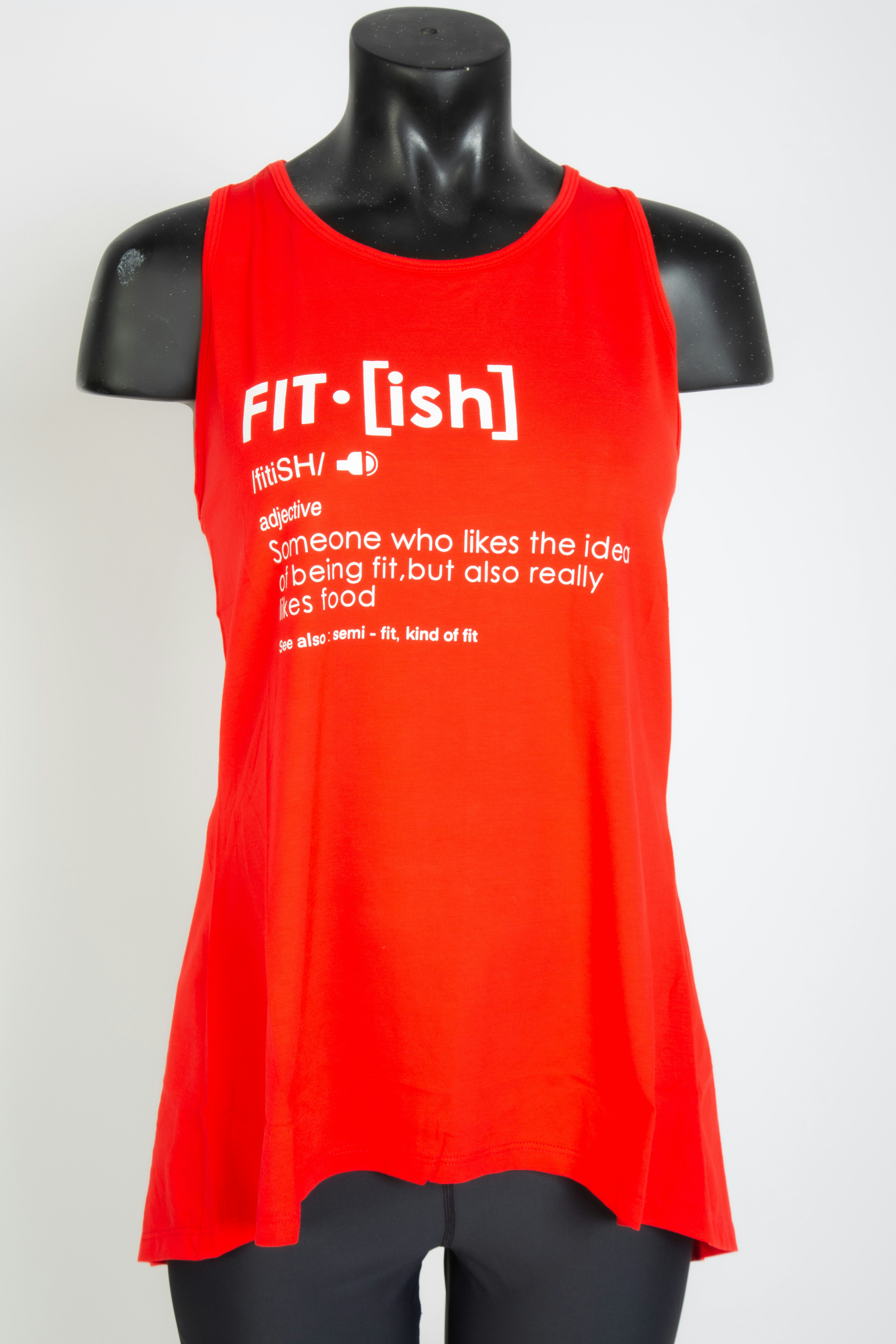 a mannequin wearing a red tank top with white writing on it