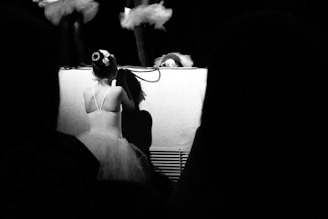 A child in a tutu is kneeling at the edge of a stage, watching performers in tutus above. The scene is in black and white, with a focus on the child's back and the stage. Shadows create a dramatic effect.