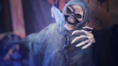 A chilling character design featuring a ghostly figure with glowing eyes in a dim corridor.
