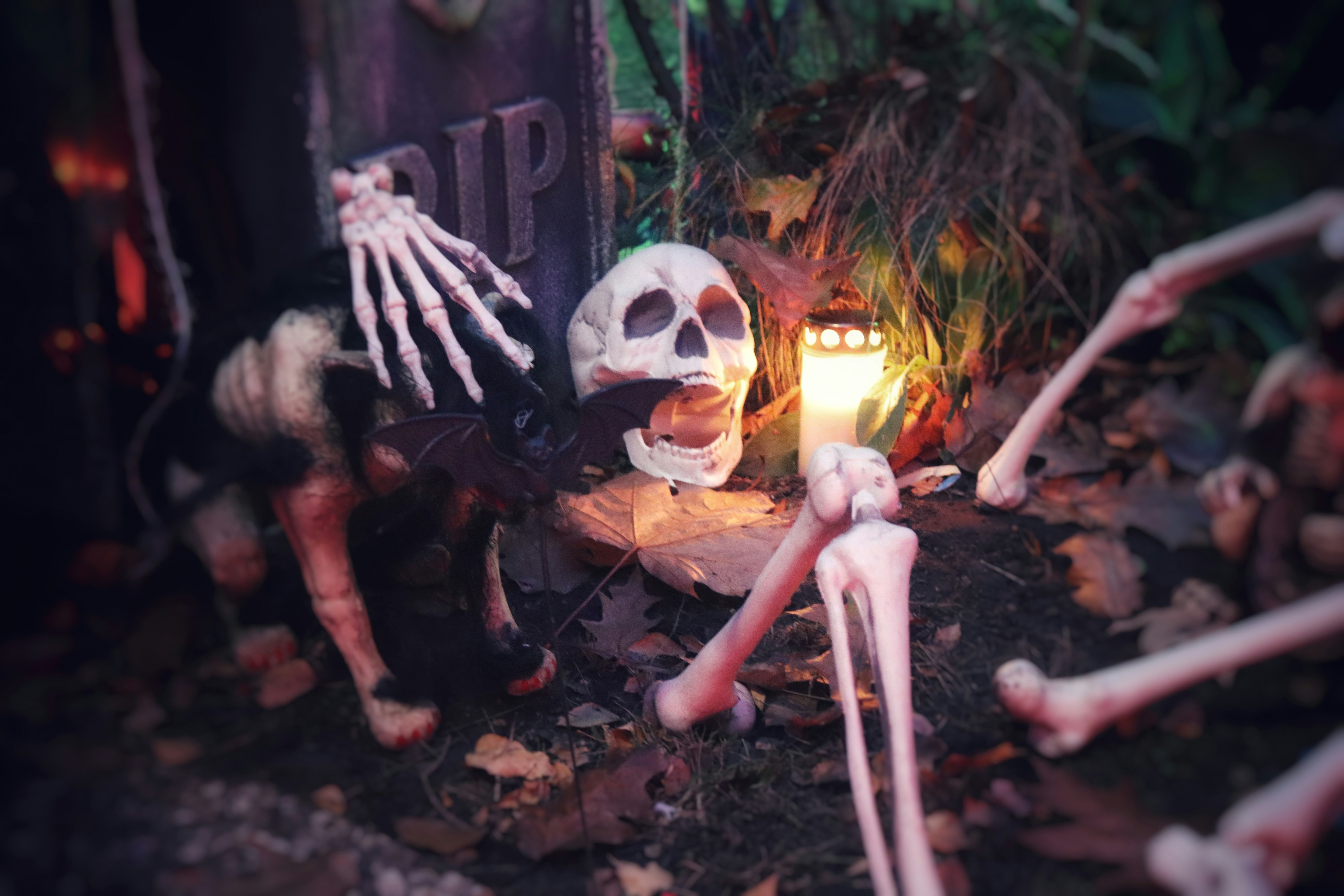 a table topped with candles and pumpkins next to a window
