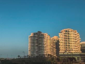 A series of modern, multi-story residential buildings with curved balconies stand under a clear blue sky. The buildings are surrounded by palm trees and are lit by the warm, golden light of the setting sun, casting distinct shadows.