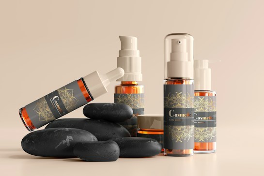 A collection of cosmetic bottles and containers are arranged artfully alongside smooth black stones. The containers are sleek, with elegant labels displaying ornate designs in golden hues against a dark background. The arrangement and lighting create a serene and luxurious aesthetic.