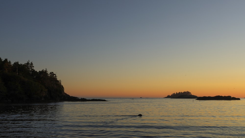 a person swimming in the ocean at sunset