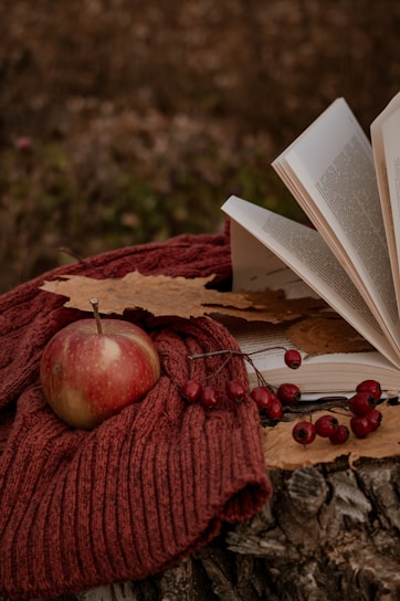A cozy wool beret resting on a rustic wooden table with autumn leaves scattered around.