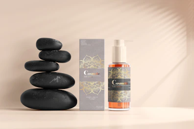 Elegant foundation bottles with different shades displayed on a marble surface