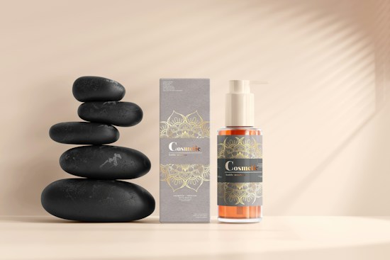 A sleek and elegant display of a cosmetic product with a pump bottle and its packaging alongside a stack of smooth black stones, set against a neutral background with soft lighting.