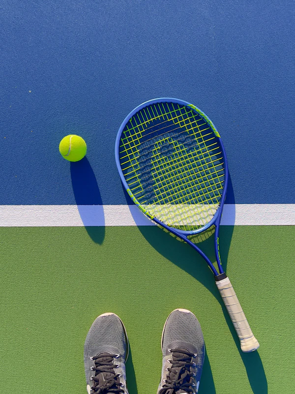Tennis racket and ball on the court