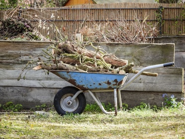Rustic wooden wheelbarrow filled with fresh gardening tools resting in a green lawn.