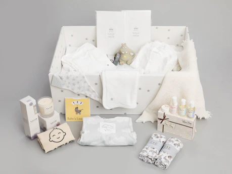 a baby's gift hamper with its contents laid out