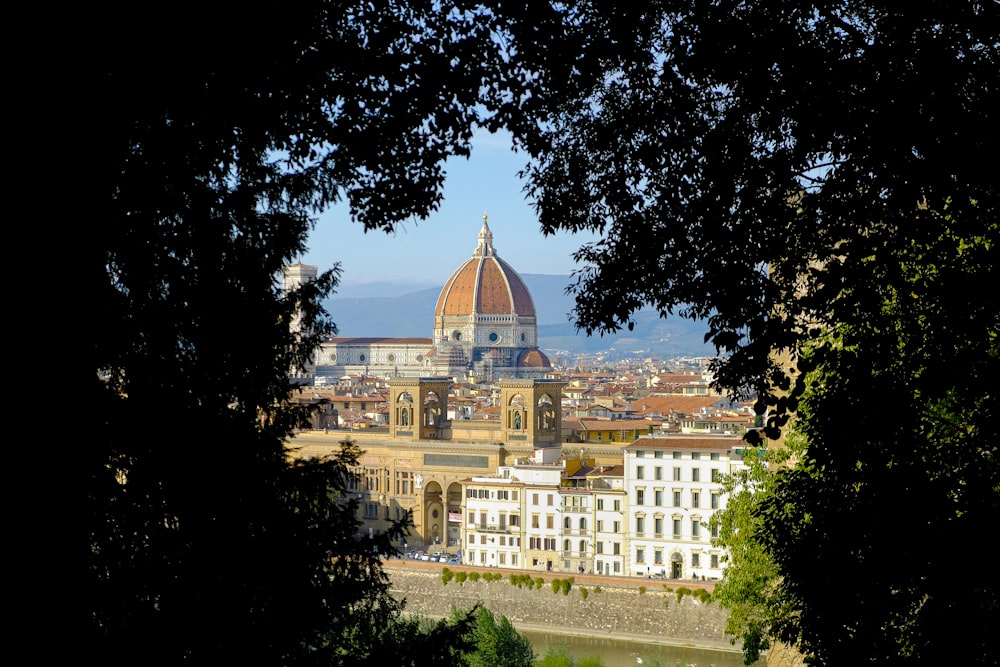 a view of a city through some trees