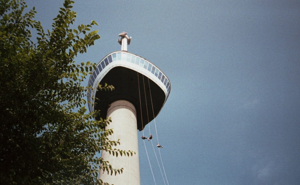 a tall tower with a bird sitting on top of it