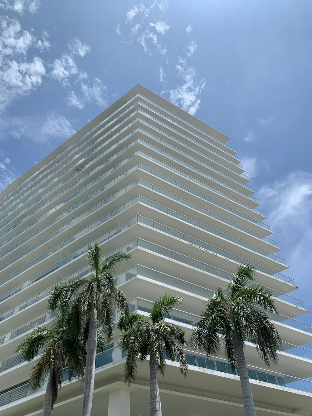 a tall building with palm trees in front of it