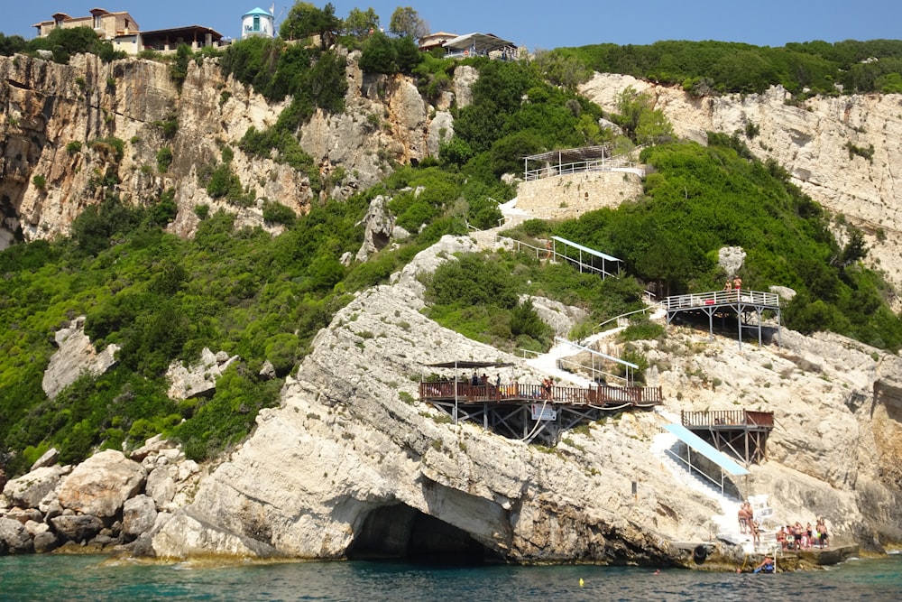 a group of people standing on top of a cliff next to a body of water