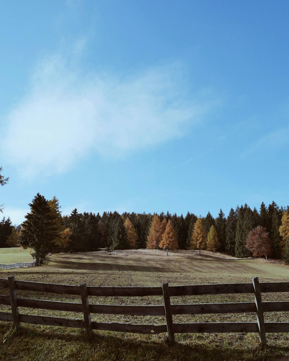 a wooden fence in front of a field with trees in the background